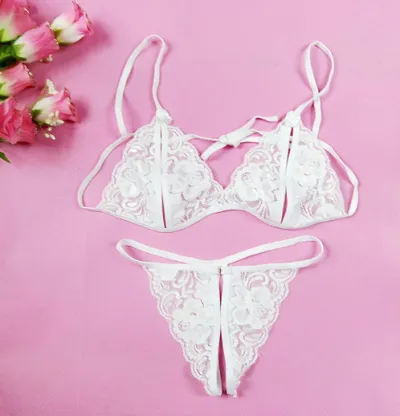 Women Sexy Solid Color Lace See-Through Bra Panty Set