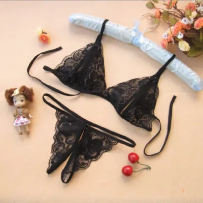 Women Sexy Solid Color Lace See-Through Bra Panty Set