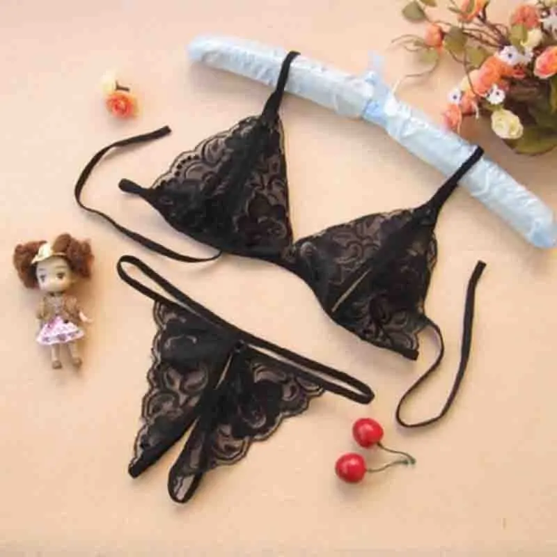Women Sexy Solid Color Lace See-Through Bra Panty Set