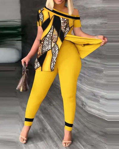 Women's Plus Size Casual Leopard Print Boat Neck Slit Top and Tight Pants Two-Piece Set