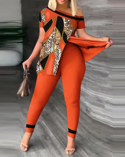 Women's Plus Size Casual Leopard Print Boat Neck Slit Top and Tight Pants Two-Piece Set