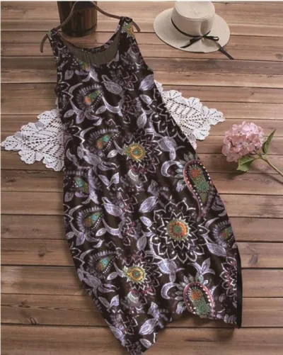 Women Fashion Casual Chiffon Plant Printing Round Neck Sleeveless Dress