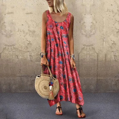 Women Fashion Casual Chiffon Plant Printing Round Neck Sleeveless Dress