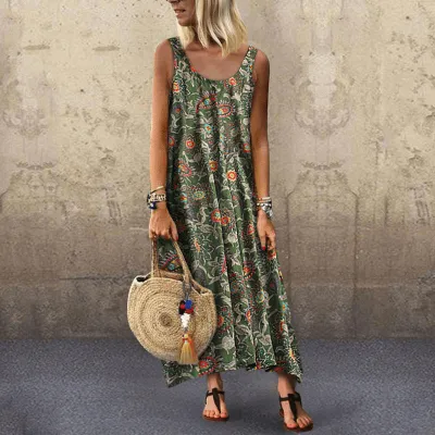 Women Fashion Casual Chiffon Plant Printing Round Neck Sleeveless Dress