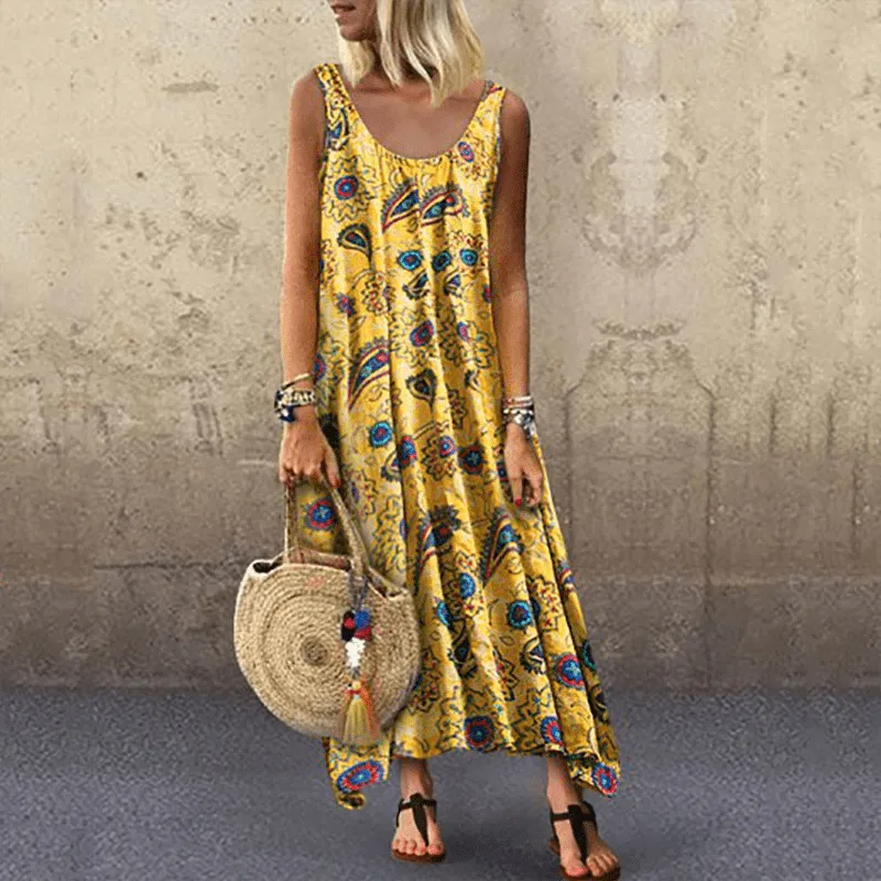 Women Fashion Casual Chiffon Plant Printing Round Neck Sleeveless Dress
