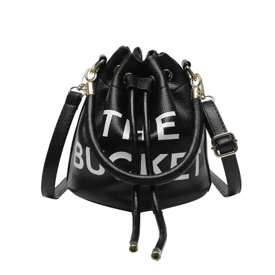 Fashion Women Pu Letter Drawstring Bucket Crossbody Bag