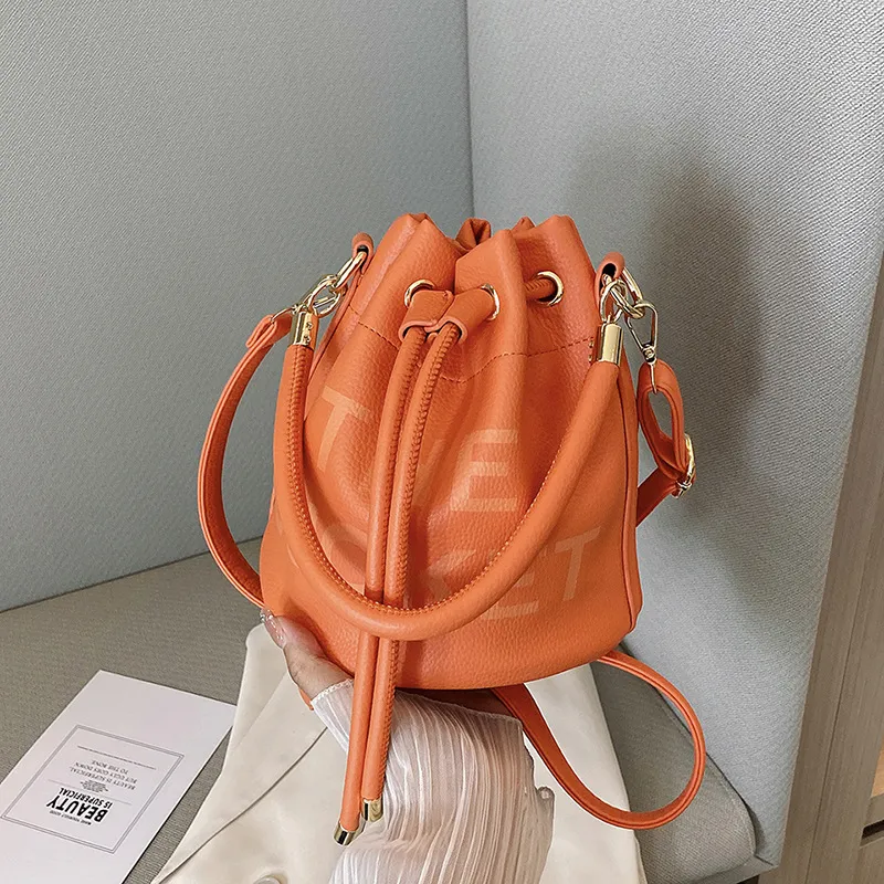 Fashion Women Pu Letter Drawstring Bucket Crossbody Bag