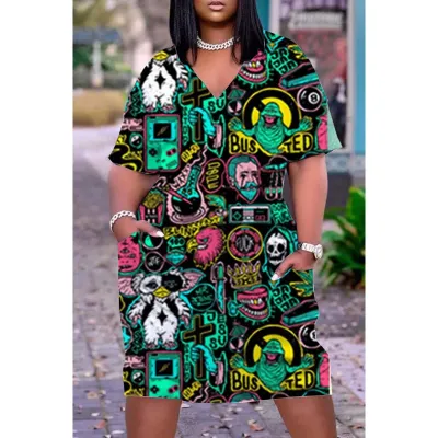 Women Casual Loose Multicolored Printed V-Neck Short-Sleeve Midi Dress
