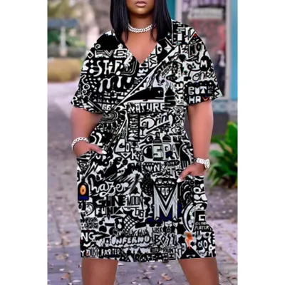 Women Casual Loose Multicolored Printed V-Neck Short-Sleeve Midi Dress