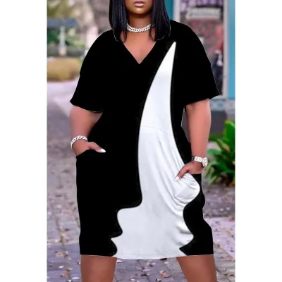 Women Casual Loose Multicolored Printed V-Neck Short-Sleeve Midi Dress