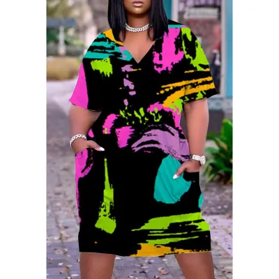 Women Casual Loose Multicolored Printed V-Neck Short-Sleeve Midi Dress