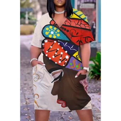 Women Casual Loose Multicolored Printed V-Neck Short-Sleeve Midi Dress