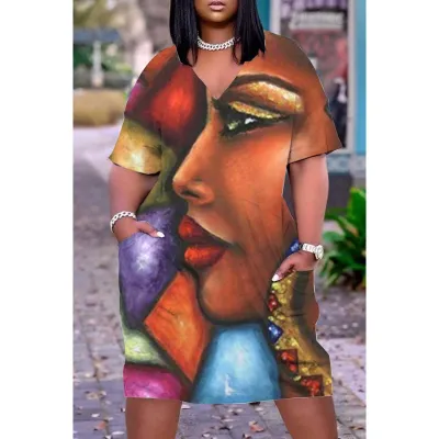 Women Casual Loose Multicolored Printed V-Neck Short-Sleeve Midi Dress
