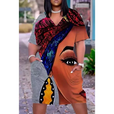 Women Casual Loose Multicolored Printed V-Neck Short-Sleeve Midi Dress