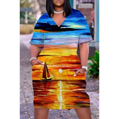 Women Casual Loose Multicolored Printed V-Neck Short-Sleeve Midi Dress