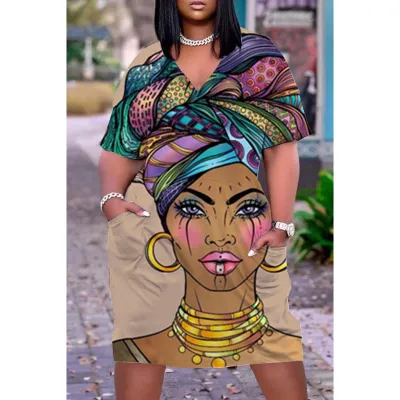 Women Casual Loose Multicolored Printed V-Neck Short-Sleeve Midi Dress