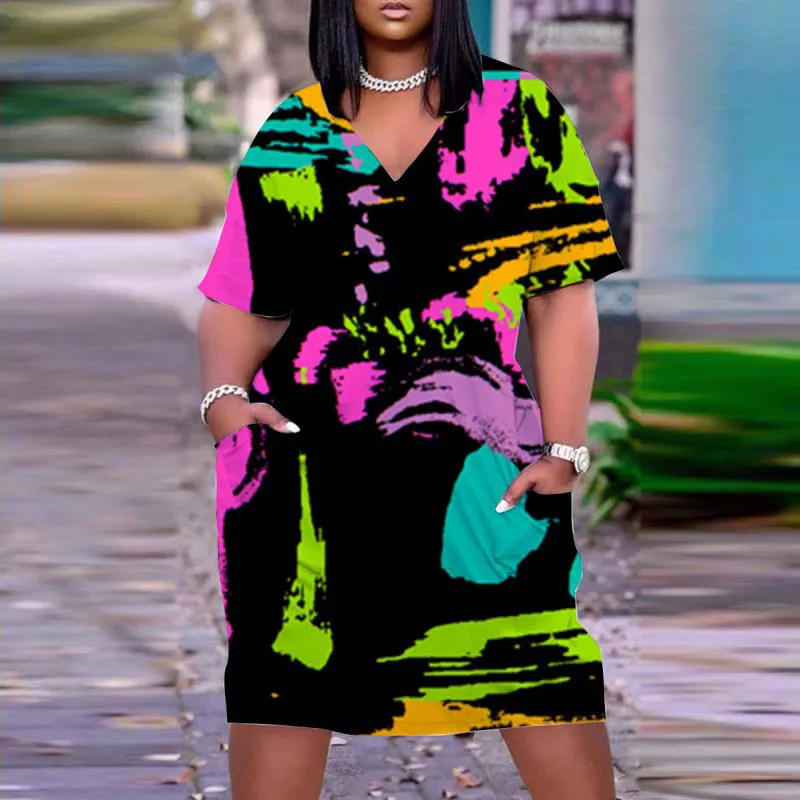 Women Casual Loose Multicolored Printed V-Neck Short-Sleeve Midi Dress