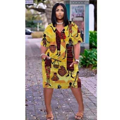 Women Casual Loose Multicolor Human Avatar Printed V-Neck Short-Sleeve Mid-Length Dress