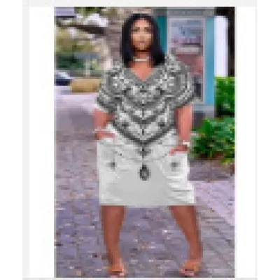 Women Casual Loose Multicolor Human Avatar Printed V-Neck Short-Sleeve Mid-Length Dress