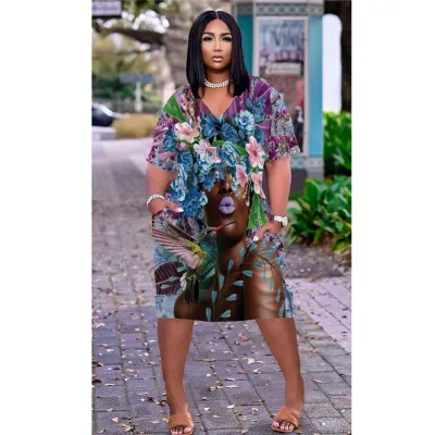 Women Casual Loose Multicolor Human Avatar Printed V-Neck Short-Sleeve Mid-Length Dress