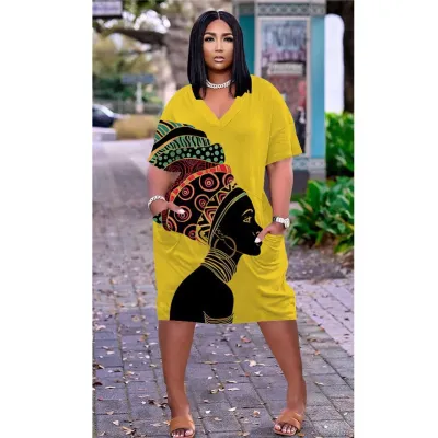 Women Casual Loose Multicolor Human Avatar Printed V-Neck Short-Sleeve Mid-Length Dress