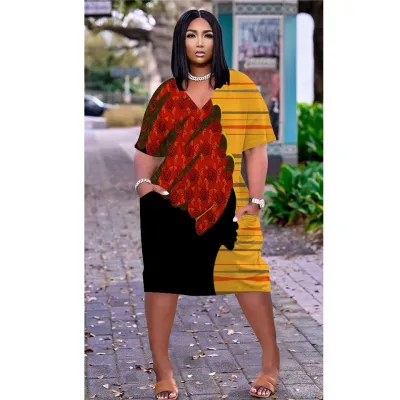 Women Casual Loose Multicolor Human Avatar Printed V-Neck Short-Sleeve Mid-Length Dress