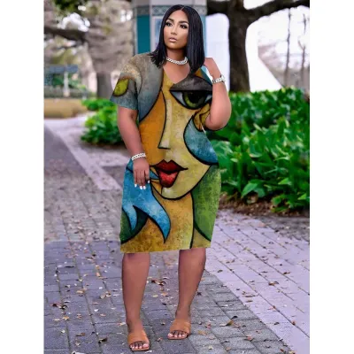 Women Casual Loose Multicolor Human Avatar Printed V-Neck Short-Sleeve Mid-Length Dress