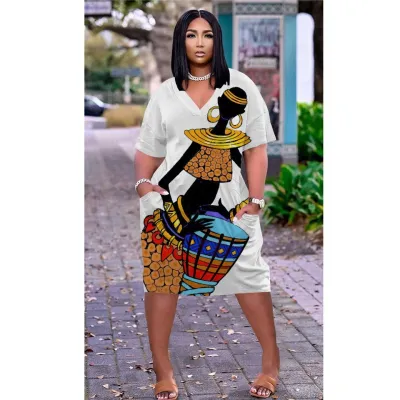 Women Casual Loose Multicolor Human Avatar Printed V-Neck Short-Sleeve Mid-Length Dress