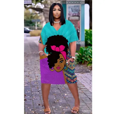 Women Casual Loose Multicolor Human Avatar Printed V-Neck Short-Sleeve Mid-Length Dress