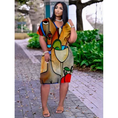 Women Casual Loose Multicolor Human Avatar Printed V-Neck Short-Sleeve Mid-Length Dress