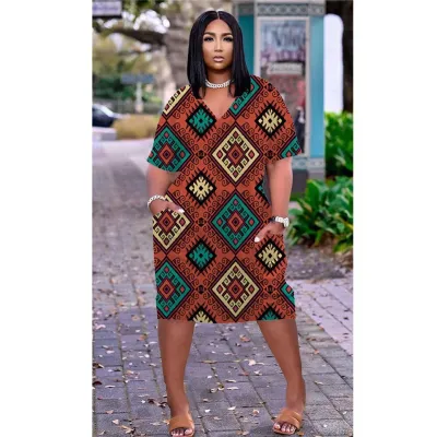 Women Casual Loose Multicolor Human Avatar Printed V-Neck Short-Sleeve Mid-Length Dress