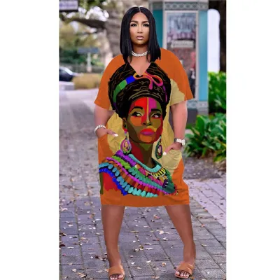 Women Casual Loose Multicolor Human Avatar Printed V-Neck Short-Sleeve Mid-Length Dress