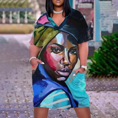 Women Casual Loose Multicolor Human Avatar Printed V-Neck Long Sleeve Mid-Length Dress