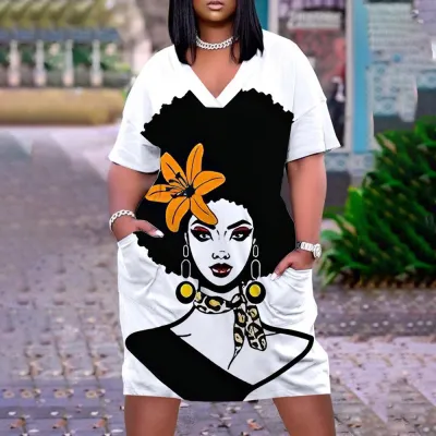 Women Casual Loose Multicolor Human Avatar Printed V-Neck Long Sleeve Mid-Length Dress