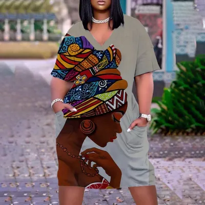 Women Casual Loose Multicolor Human Avatar Printed V-Neck Long Sleeve Mid-Length Dress