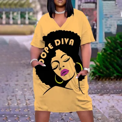 Women Casual Loose Multicolor Human Avatar Printed V-Neck Long Sleeve Mid-Length Dress