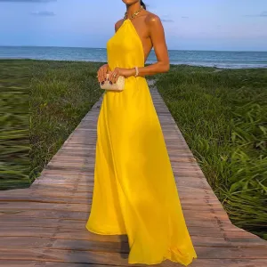 Summer Women Sexy Halter Neck Backless Solid Color Maxi Dress