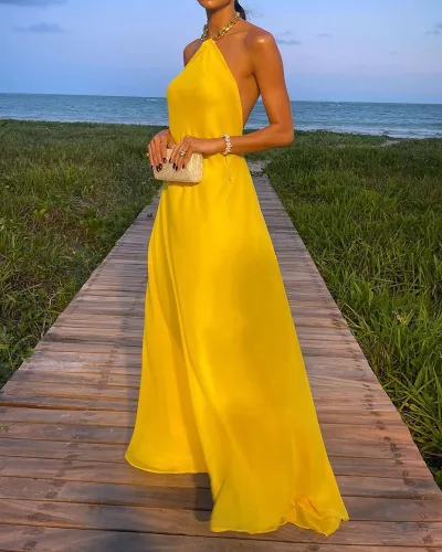 Summer Women Sexy Halter Neck Backless Solid Color Maxi Dress