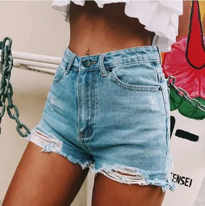 Short en jean taille haute à fente latérale déchirée pour femme - Mode décontractée d'été