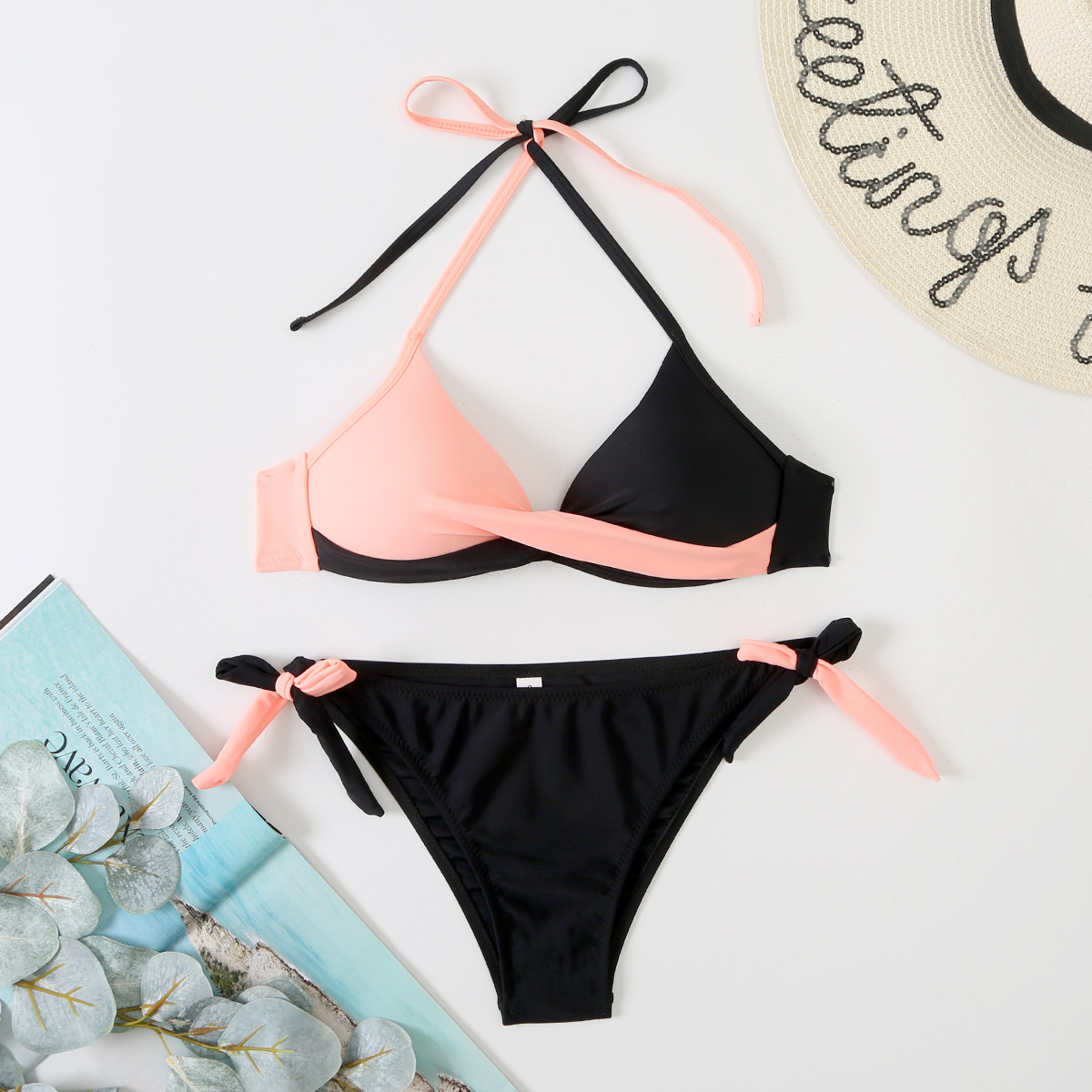 Wholesale Women Sexy Cross Color Block Swimsuit Two-Piece Set