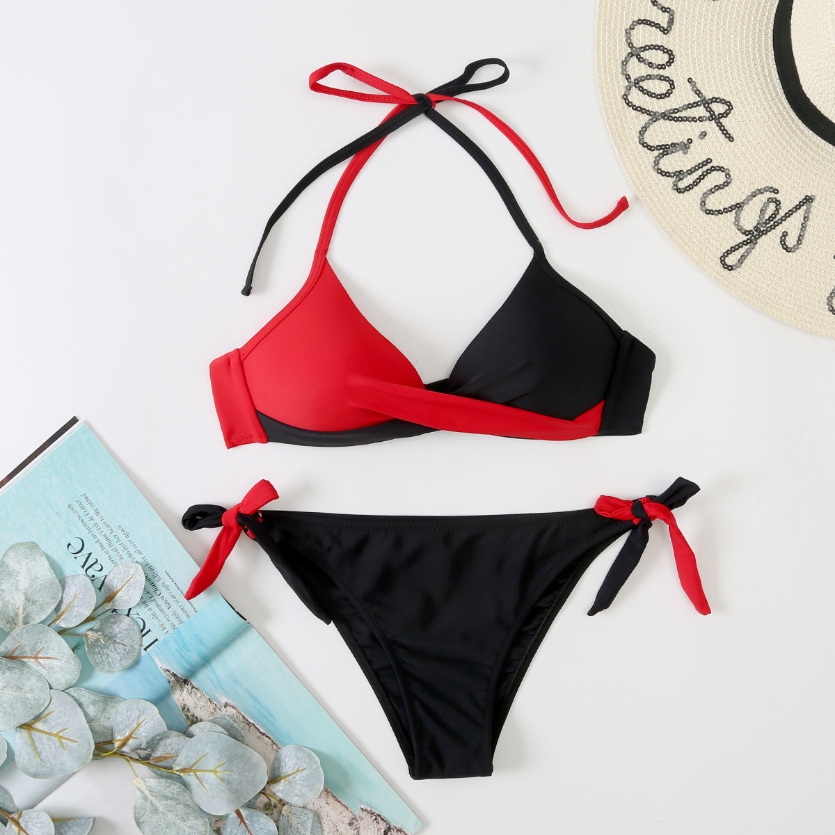 Wholesale Women Sexy Cross Color Block Swimsuit Two-Piece Set