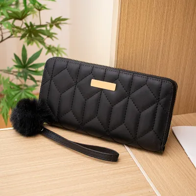 Women Fashion Rhombus Embroidery Sequin Pom Decoration Long Coin Purse Bags Wallets