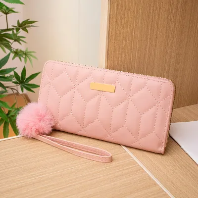 Women Fashion Rhombus Embroidery Sequin Pom Decoration Long Coin Purse Bags Wallets