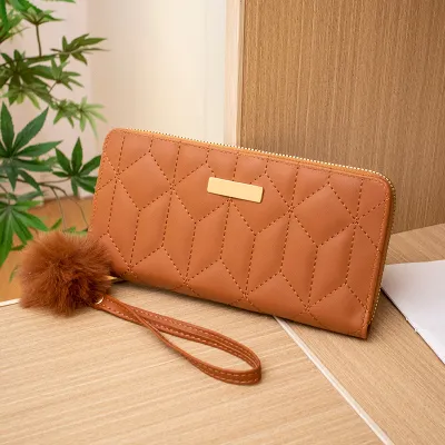 Women Fashion Rhombus Embroidery Sequin Pom Decoration Long Coin Purse Bags Wallets