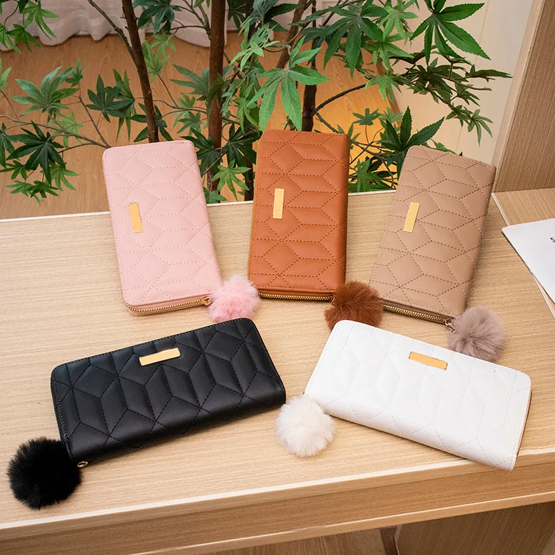 Women Fashion Rhombus Embroidery Sequin Pom Decoration Long Coin Purse Bags Wallets