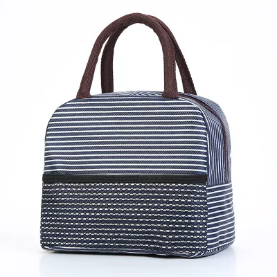 Korean Style Simple Stripe Oxford Lunch Bag Portable Zipper Handle Bag