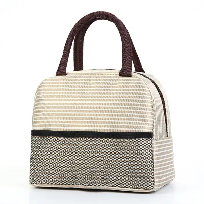 Korean Style Simple Stripe Oxford Lunch Bag Portable Zipper Handle Bag
