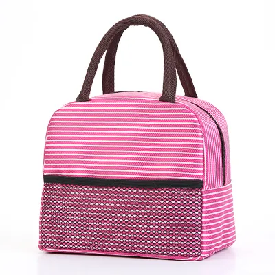 Korean Style Simple Stripe Oxford Lunch Bag Portable Zipper Handle Bag