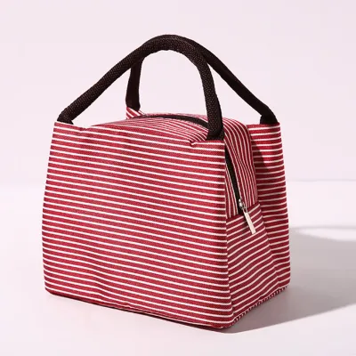 Korean Style Simple Stripe Oxford Lunch Bag Portable Zipper Handle Bag