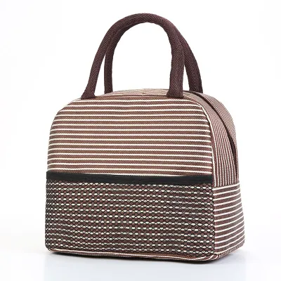 Korean Style Simple Stripe Oxford Lunch Bag Portable Zipper Handle Bag